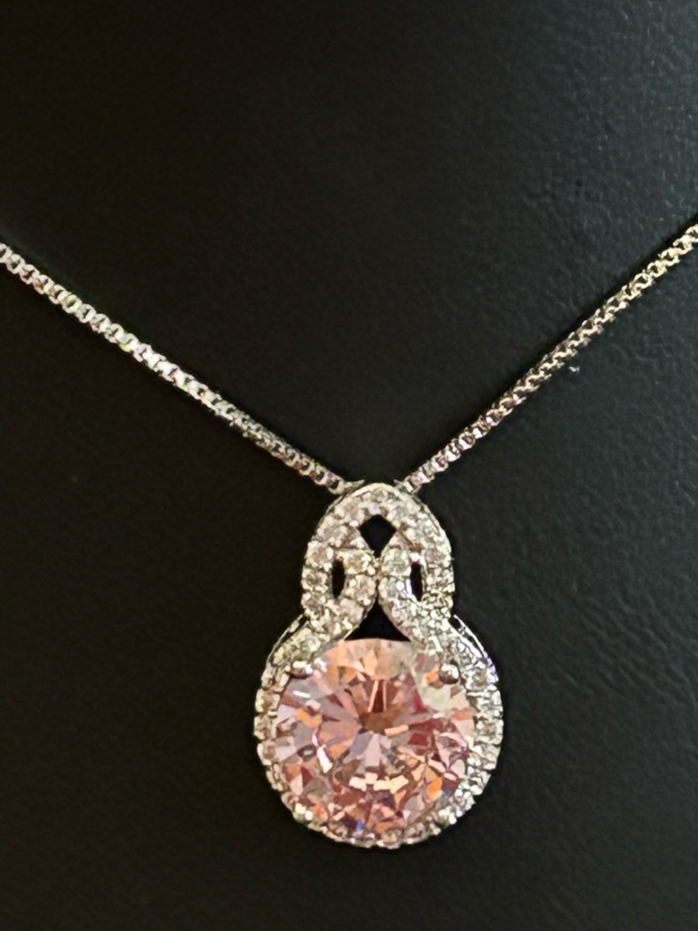 Pink CZ Halo Pendant Necklace in White Gold Filled Silver-Tone 18” Adjustable